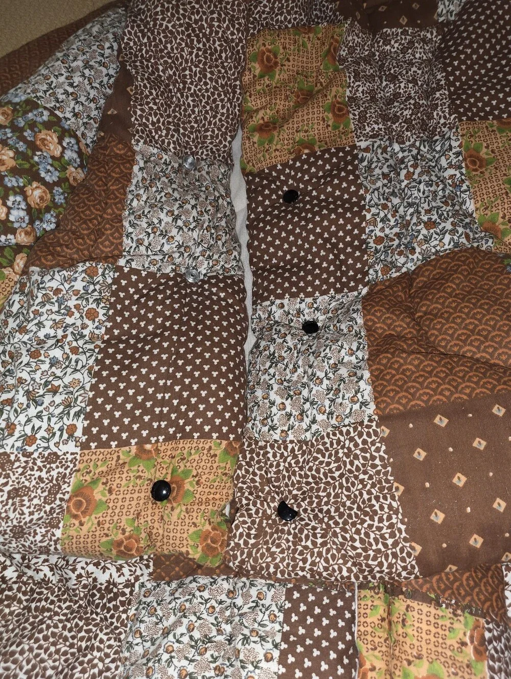 Vintage 1960s 1970s Cotton Brown Quilted Patch Work Floral Sleeping Bag Blanket